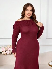 Modelyn Plus Size Women Faux Cashmere Off-Shoulder Bodycon Dress Winter Fall Autumn - Burgundy - View 4