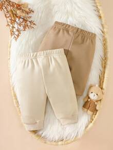 SHEIN 2件套纯棉婴儿休闲裤，卡其色和米色，百搭，时尚，可爱，柔软，舒适的外套 - 彩色 - 查看 2