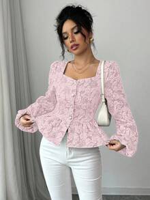 Elenzga Áo cánh tay đèn lồng họa tiết hoa jacquard thanh lịch dành cho nữ, áo peplum mùa thu - Hồng - Xem 5