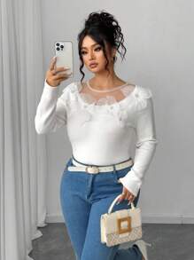 Elenzga Plus Size Mesh Patchwork Applique Elegant Long Sleeve Pullover Sweater Winter Fall Autumn