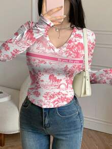 Modelyn قميص تي شيرت نسائي بتصميم أزرار وياقة على شكل حرف V مطبوع بطبعة زهرية عتيقة، بأكمام طويلة وفتحة ضيقة، مناسب للربيع والخريف