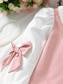 Tween Girl Colorblock Bow Decor Shirt & Skirt Set Fall Winter - Multicolor - View 9