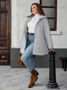 EMERY ROSE Plus Size Solid Color Minimalist Hooded Long Sleeve Sweatshirt, Casual Everyday Wear,Winter Clothes,Chic Autumn&Winter Fall - Grey - View 5