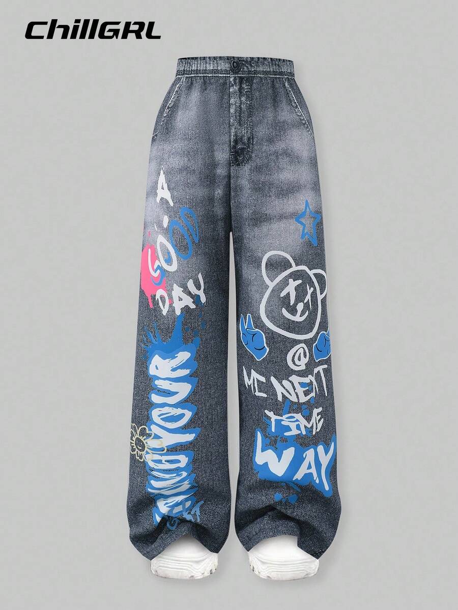 SHEIN ChillGRL Tween Girls' Casual Street Graffiti Print Wide Leg Pants - Black - View 1