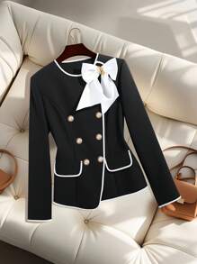 GlowEve Chaqueta blazer de manga larga con decoración de lazo y ribete blanco, elegante y nueva para mujer - Negro - Ver 3