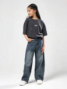 SUMWON Pantalones vaqueros de pierna ancha para niñas con estilo vintage desgastado, corte de barril, suaves y cómodos para uso casual, moda de otoño e invierno, diseño clásico retro - Azul - Ver 3