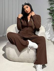 SHEIN EZwear 大码女式两件套：棕色修身舌形下摆拉链夹克 + 宽松松紧腰长裤，羊毛面料，秋冬棕色两件套 2 件休闲套装女士棕色连帽拉链套装 2 件套女士女士棕色裤子套装 - 巧克力棕 - 查看 7