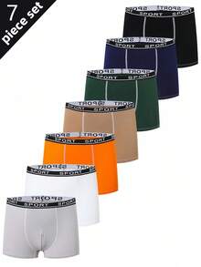 7pcs/Pack Men & Teenage Boys' Solid Color Minimalist Casual Cotton Soft Comfortable Elastic Waistband Vintage Sporty Boxer Briefs Fall Winter