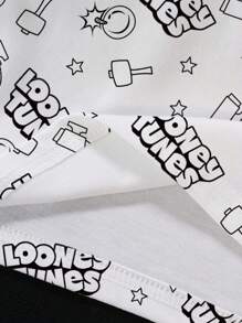 LOONEY TUNES X SHEIN 青少年男孩字母和卡通图案圆领短袖T恤 - 白色 - 查看 6