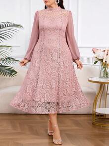 Modelyn Plus Size Pink Lace Patchwork Long Sleeve Dress