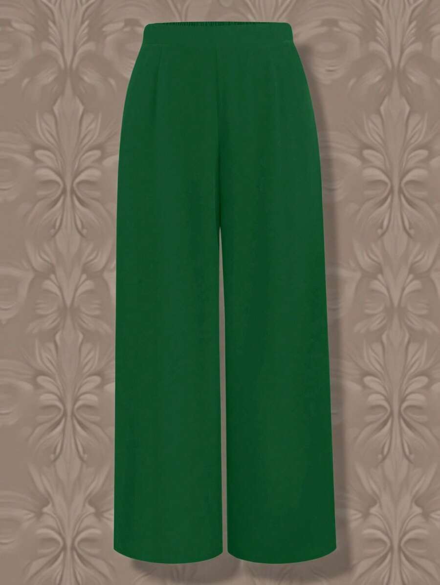 Rometta Quần ống rộng màu trơn cỡ lớn đa năng thường ngày - Màu xanh lá cây đậm - Xem 1