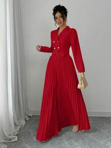 Elenzga 2pcs Women's Set With Waist Cinching Button, Pleated Asymmetric Design Fall Cloth For Women - Red - View 6