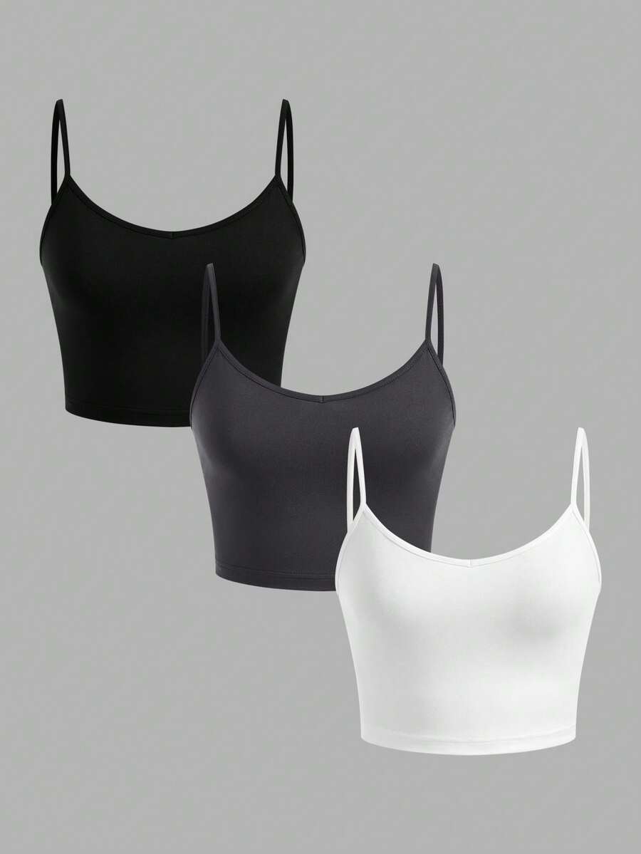 SHEIN EZwear 3入組女士夏季緊身短款休閑背心，適合夏季穿著