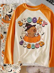 青少年女孩万圣节主题卡通土拨鼠与鬼魂印花睡衣套装，杏色圆领插肩袖上衣，搭配撞色橙色袖子和衣领，杏色裤子，舒适家居服 1 套 - 杏色 - 查看 5