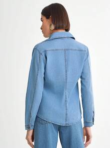 Daynim Stone Wash Button Front Denim Top - Light Wash - View 2