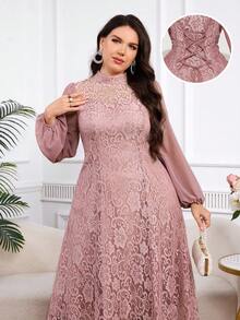 Modelyn Plus Size Pink Lace Patchwork Long Sleeve Dress