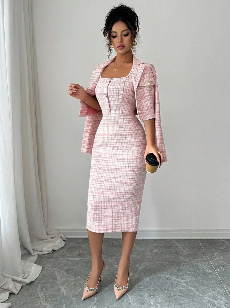 Elenzga 2-Piece Set: Elegant Tweed Short Blazer Jacket + Sleeveless Fitted Bodycon Dress, Classy Suit Set, Spring/Autumn