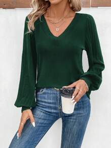 EMERY ROSE Women's Solid Color V-Neck Ribbed Lantern Sleeve Casual Loose T-Shirt, Autumn Fall Cloth For Women - Dark Green - View 4