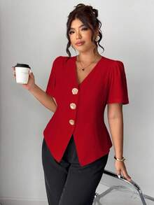 Elenzga Plus Size Fashion Decorative Rose Button Cardigan Shirt - Red - View 4