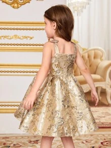 SHEIN 年轻女孩甜美可爱提花无袖公主裙 - 金色 - 查看 2