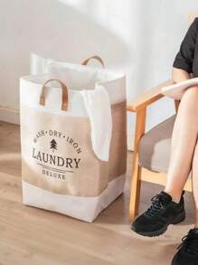 1 chiếc giỏ đựng đồ giặt bằng vải lanh dung tích lớn, giỏ đựng quần áo in chữ chắp vá có thể gấp lại với tay cầm bằng da, để đựng đồ chơi và quần áo trong phòng ngủ, giỏ đựng đồ giặt gấp gọn trong phòng tắm, phong cách đồng quê, dung tích lớn 53L - Màu be - Xem 2