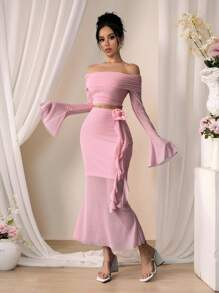 Rafferiza 时尚性感长袖露肩短款上衣和紧身裙两件套 - 粉色 - 查看 4
