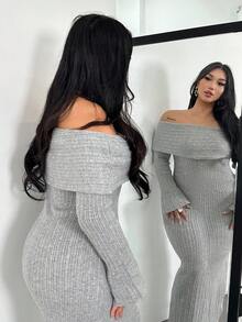 Firerie Vestido de suéter de manga larga con hombros descubiertos y unicolor para tallas grandes - Gris - Ver 6