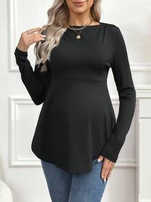 SHEIN Maternity Solid Color Long Sleeve Round Neck Loose Fit T-Shirt