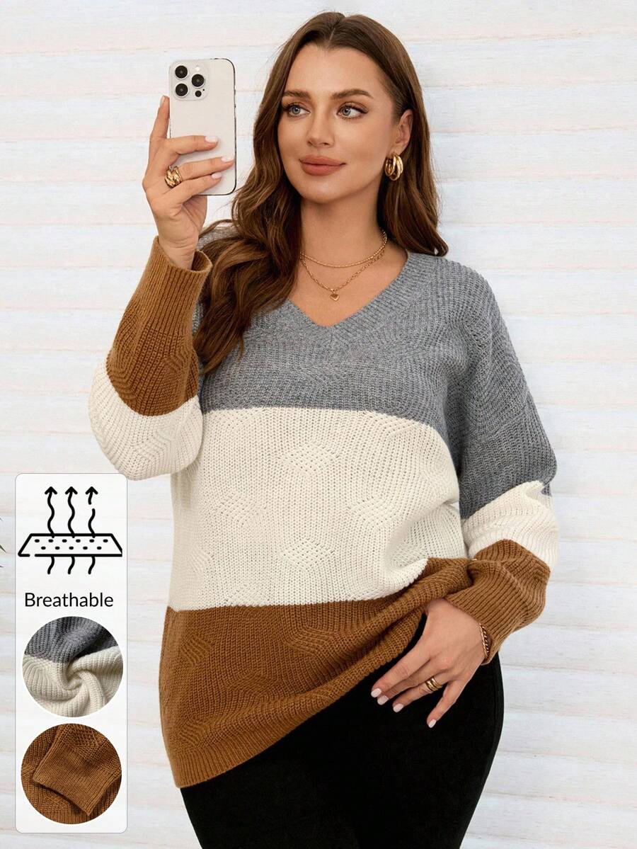 EMERY ROSE Plus Size Women Casual Colorblock V-Neck Long Sleeve Pullover Sweater Fall Clothes For Women Fall Clothes Plus Size Fall Sweaters Winter Coat Women Women's Winter Sweater  Fall Sweaters