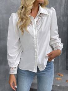 SHEIN LUNE 2025 Early Autumn/Winter New Arrival: French Fashionable Elegant Business Casual Women's White  Fall Clothes.Classic Elegant Shirt-Collar Design Niche Lace Trim & Hollow Long Sleeve Blouse With Exquisite Cutout Details .Old Money Style Button-Up Blouse. - White - View 5