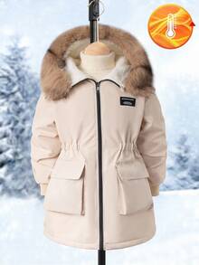 SHEIN Parka de niña para otoño/invierno, nueva llegada, con cuello de piel, bolsillos grandes, con capucha, cintura ajustada, moda minimalista, abrigo de algodón de largo medio