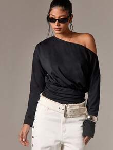 AiiRZ Off Shoulder Long Sleeve Top With Ruched Waist Detail Elegant Draped Evening Party Holiday Wedding Guest Versatile Fall Winter Fashion - Black - View 5