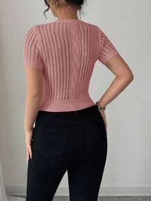 Elenzga Women's Hollow Out Soft Rope Knit Bow Decor Pullover Top, Suitable For Beach - Pink - View 2
