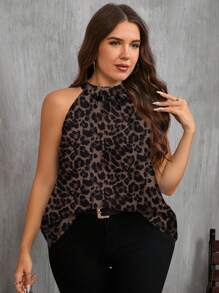 SHEIN Clasi Áo sơ mi hở vai họa tiết da báo cỡ lớn dành cho nữ, phù hợp cho mùa hè - Nhiều màu - Xem 5