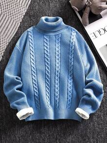 SHEIN Tween Boy Casual Versatile Cable Knit Sweater,Solid Fog Blue High Collar Turtleneck,Suitable For School,Autumn/Winter,Kids' Back-To-School,Sports - Blue - View 6