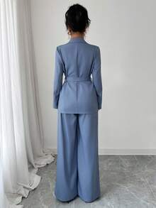 Elenzga 2025 Spring/Autumn New Fashion Elegant Casual/Office Commute Metal Buckle Waist Long Sleeve Jacket + Straight Loose Wide Leg Pants Suit Set Fall Cloth For Women - Dusty Blue - View 7