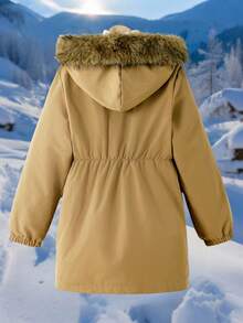 青少年女孩字母图案拉链保暖内衬连帽休闲冬季夹克 - 卡其色 - 查看 2