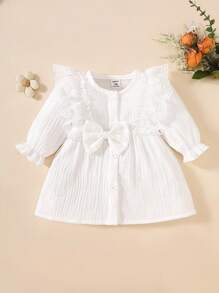 SHEIN 新生女婴优雅蝴蝶结白色棉质休闲长袖连衣裙，甜美简约风格