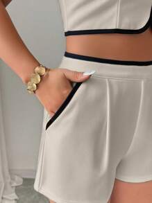 Selianne Nuevo conjunto de verano de 2 piezas para mujer con top corto con espalda descubierta y lazos, y shorts con bolsillos en contraste - Albaricoque - Ver 7