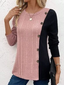 EMERY ROSE Women's Contrast Color Ribbed Long Sleeve T-Shirt For New Year Clothes Graphic Tees Women Tops For Spring - Pink - View 5