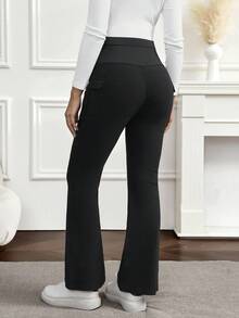 SHEIN Pregnant Women's Solid Color Pocketed High Waist Casual Flared Pants - Blue - View 2