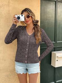 Breezaya Áo len cardigan dệt kim tay dài khoét lỗ một hàng khuy trơn màu dành cho nữ - Cà phê nâu - Xem 4