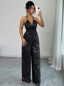 Rafferiza Minimalist Chic Black Silver Foil Crisscross Strap Plunge Deep V-Neck Backless Adjustable Waist Jumpsuit, Fitted Silhouette, Spring/Summer Bestseller - Black - View 6