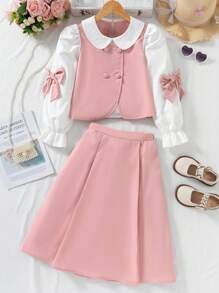 Tween Girl Colorblock Bow Decor Shirt & Skirt Set Fall Winter - Multicolor - View 4