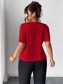 Elenzga Plus Size Fashion Decorative Rose Button Cardigan Shirt - Red - View 3