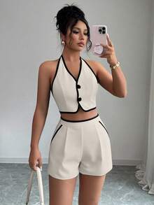 Selianne Nuevo conjunto de verano de 2 piezas para mujer con top corto con espalda descubierta y lazos, y shorts con bolsillos en contraste - Albaricoque - Ver 4