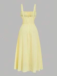 SHEIN Clasi 大码时尚奶油黄色纹理碎花面料连衣裙，收腰修身，优雅浪漫喇叭裙，适合春夏季 - 黃色 - 查看 2