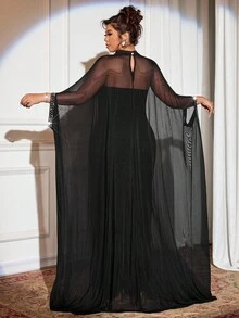 Cravure Christmas Plus Size Women's Luxury Party Gothic Prep Style 2 Pieces Set: Black Mesh Puff Pearl Decorated Cropped Top And Fitted Long Dress Halloween