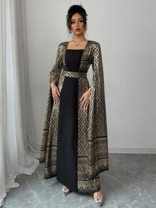 Rafferiza Fashionable Minimalist Square Collar Long Lantern Sleeve Foil Printed Spring & Summer Long Dress Fall Cloth For Women - Black - View 7