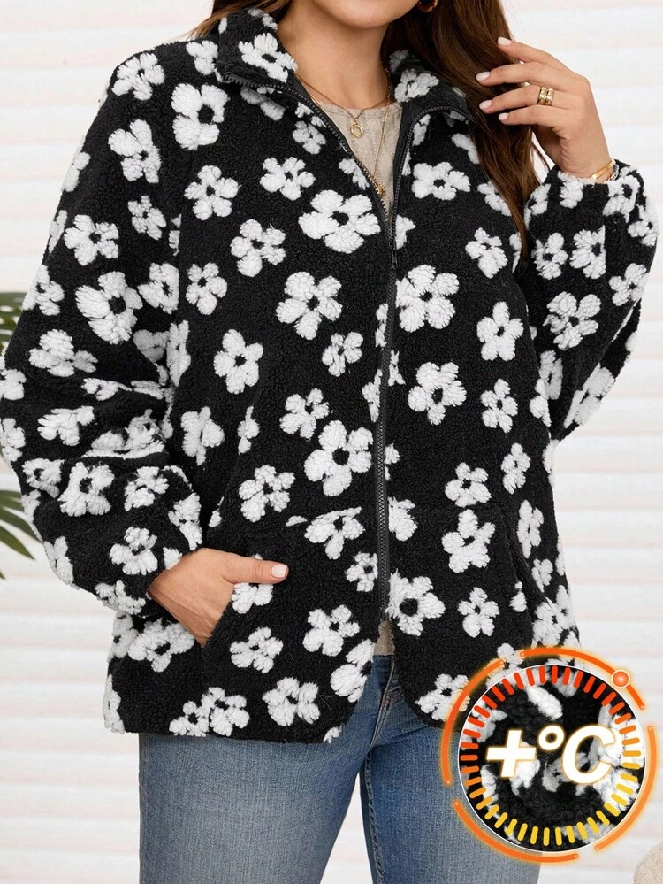 Plus Size Floral Print Casual Jacket, Autumn/Winter Winter Clothes For Women  Fall Clothes For Women